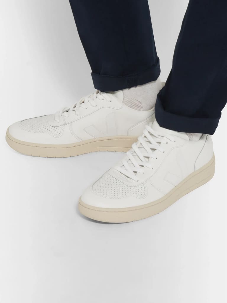 VEJA V-10 Rubber-Trimmed Leather Sneakers - basic white sneakers