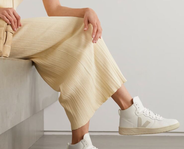 VEJA V-15 suede-trimmed perforated leather high-top sneakers