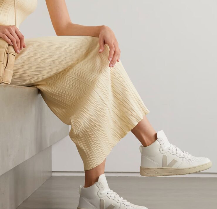 VEJA V-15 suede-trimmed perforated leather high-top sneakers
