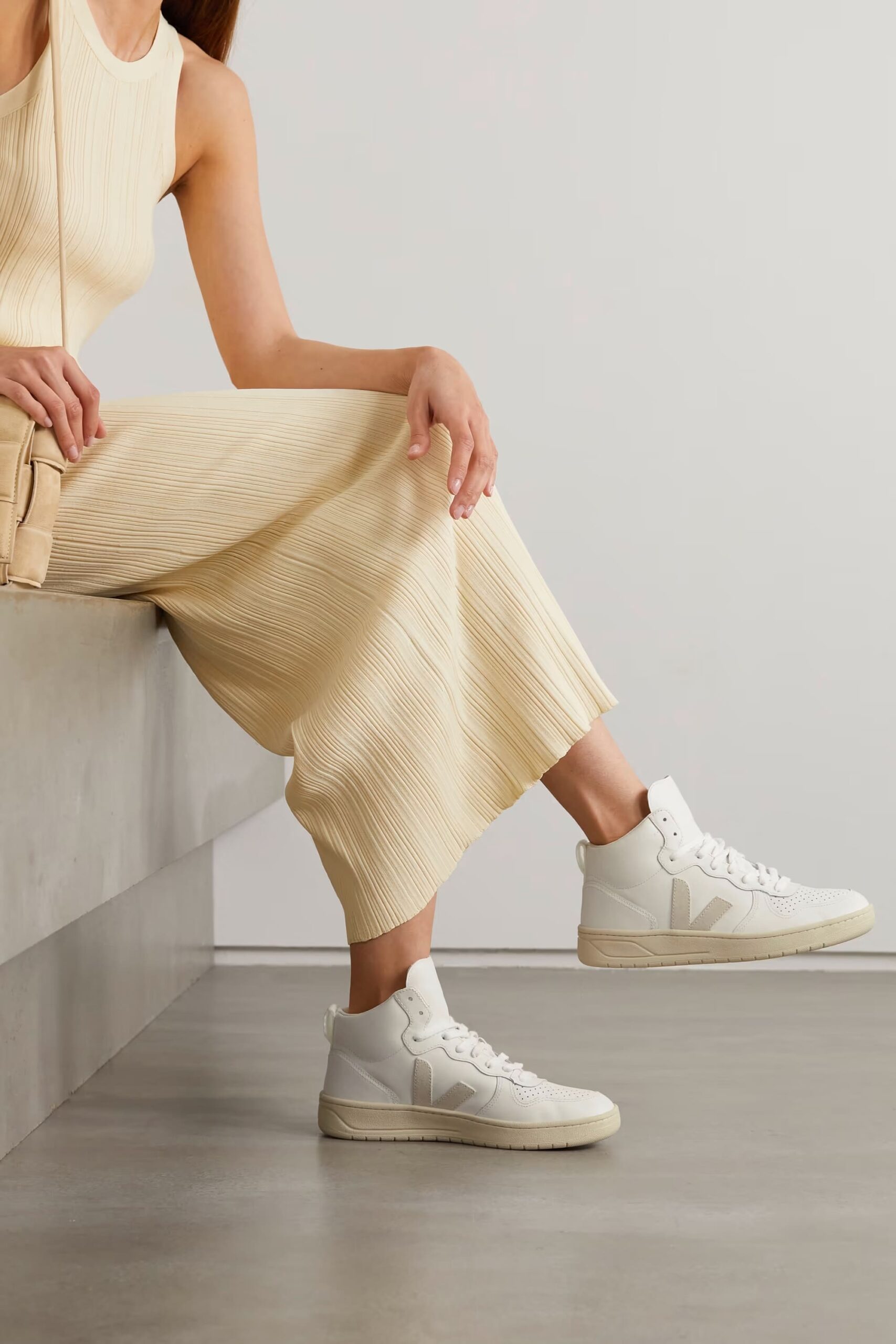 VEJA V-15 suede-trimmed perforated leather high-top sneakers - best white sneakers for women
