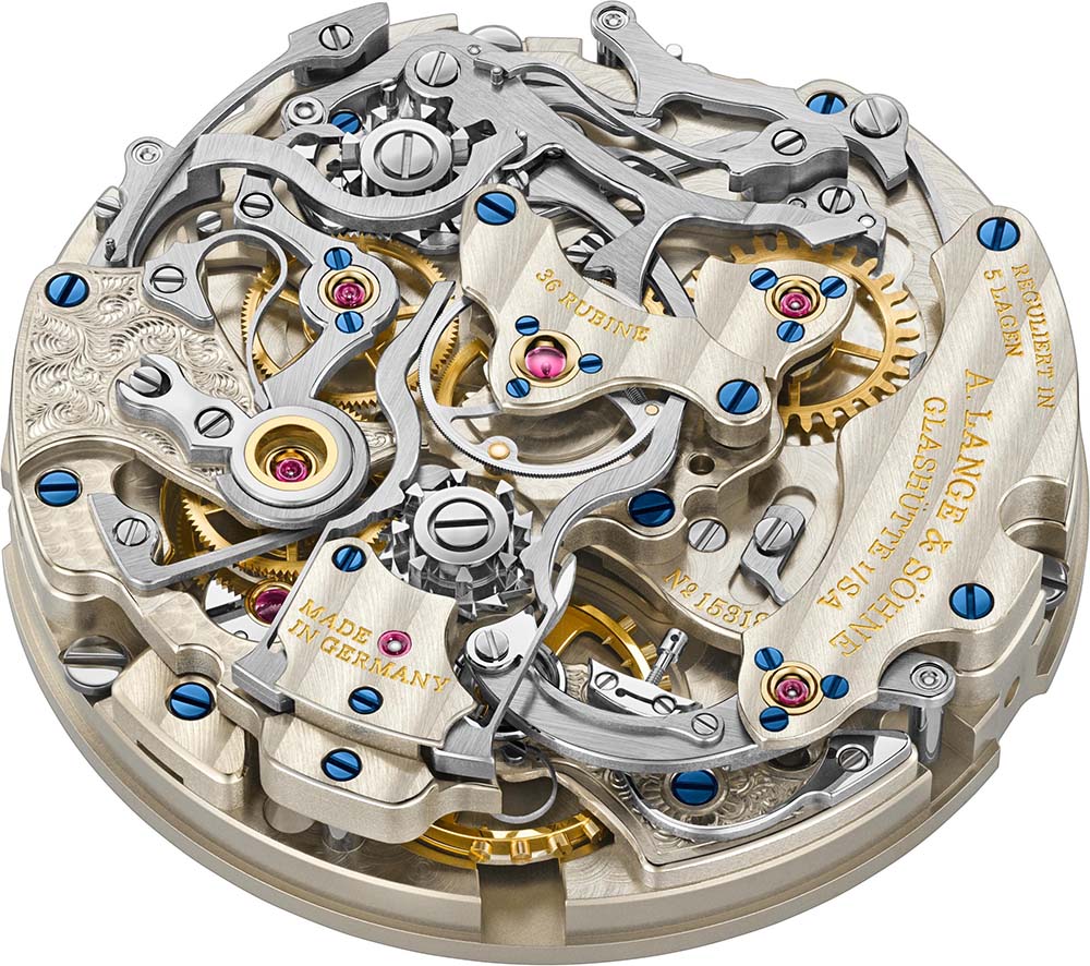 The 365-piece caliber mounts two column wheels and the traditional blued screws of Glashutte's manufacturing tradition.