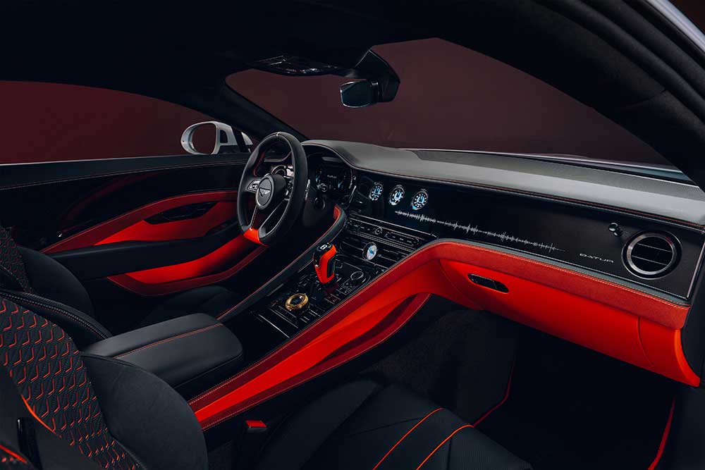 Sportscar-esque but with a sophisticated flair, the inside of the Bentley Mulliner Batur is ultimately designed for comfort.