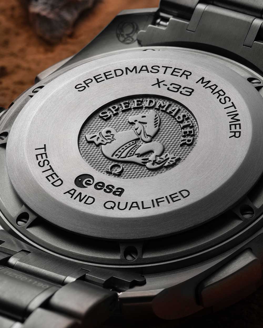 The case back reveals OMEGA's traditional seahorse and the logo of the European Space Agency